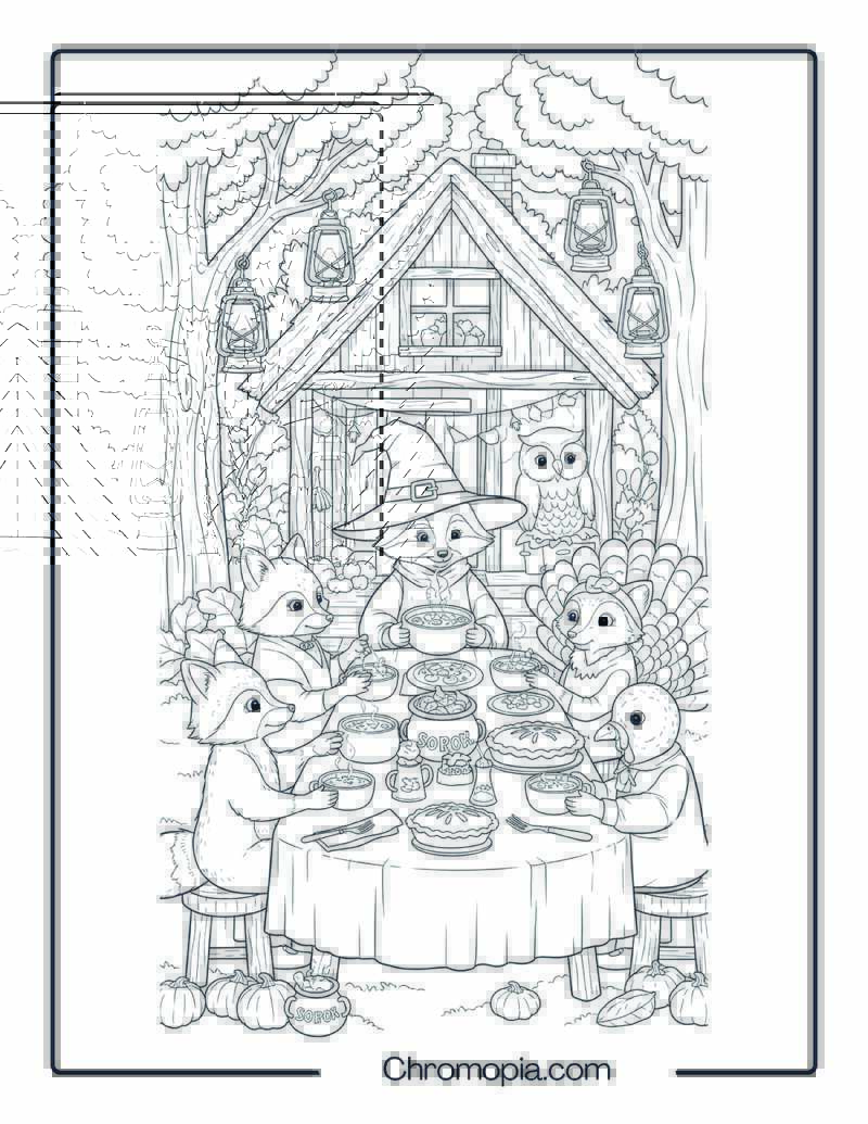 Witch’s Forest Thanksgiving Dinner with Talking Animals Coloring Page