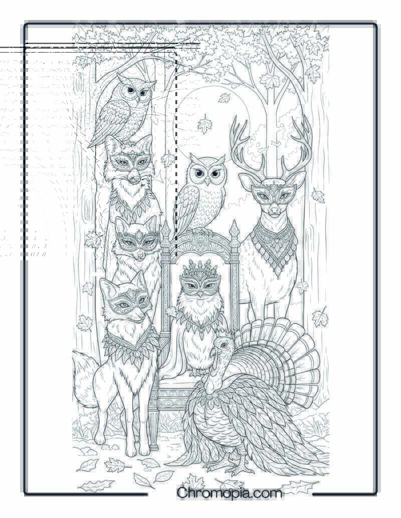 Woodland Animal Masquerade Ball on Thanksgiving Eve Coloring Page