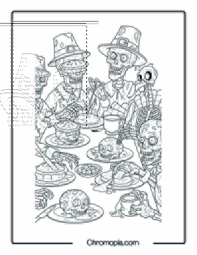 Zombie Pilgrims and Skeleton Turkeys at a Thanks-for-Brains Feast Coloring Page