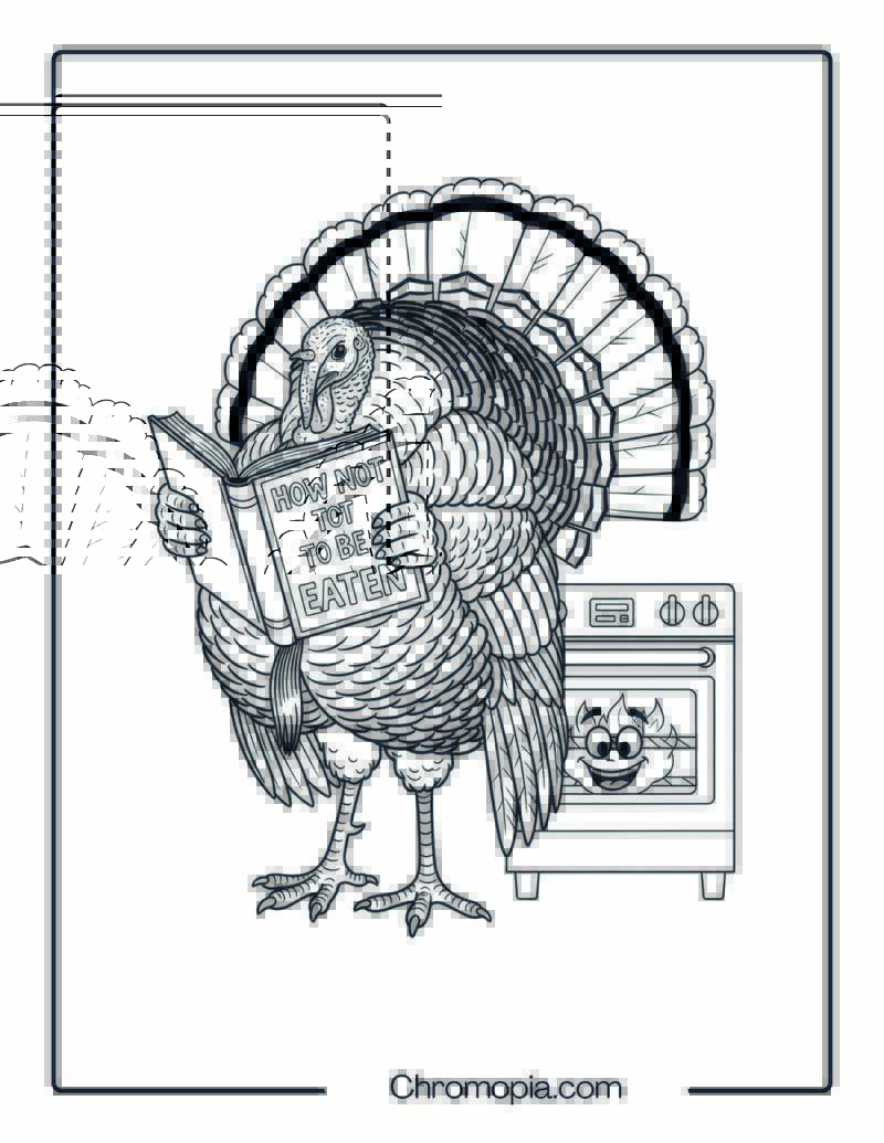 Realistic Wild Turkey Reading a Cookbook Near Oven