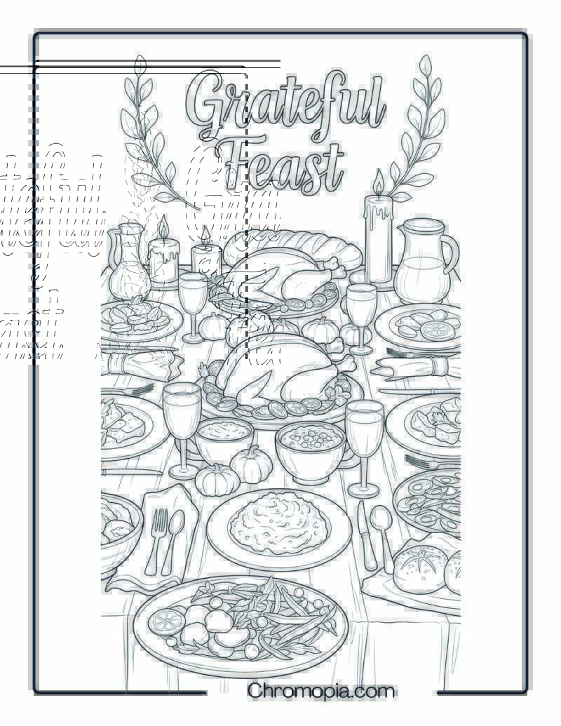 Thanksgiving Table Spread with Outlined Title Grateful Feast