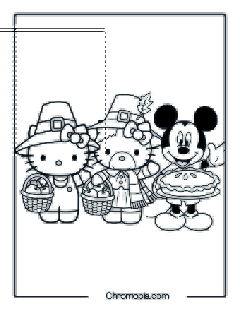 Hello Kitty, Bluey, and Mickey Thanksgiving Trio Coloring Sheet