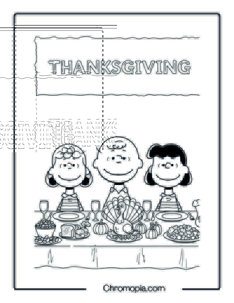 Peanuts Gang at Thanksgiving Dinner Coloring Page