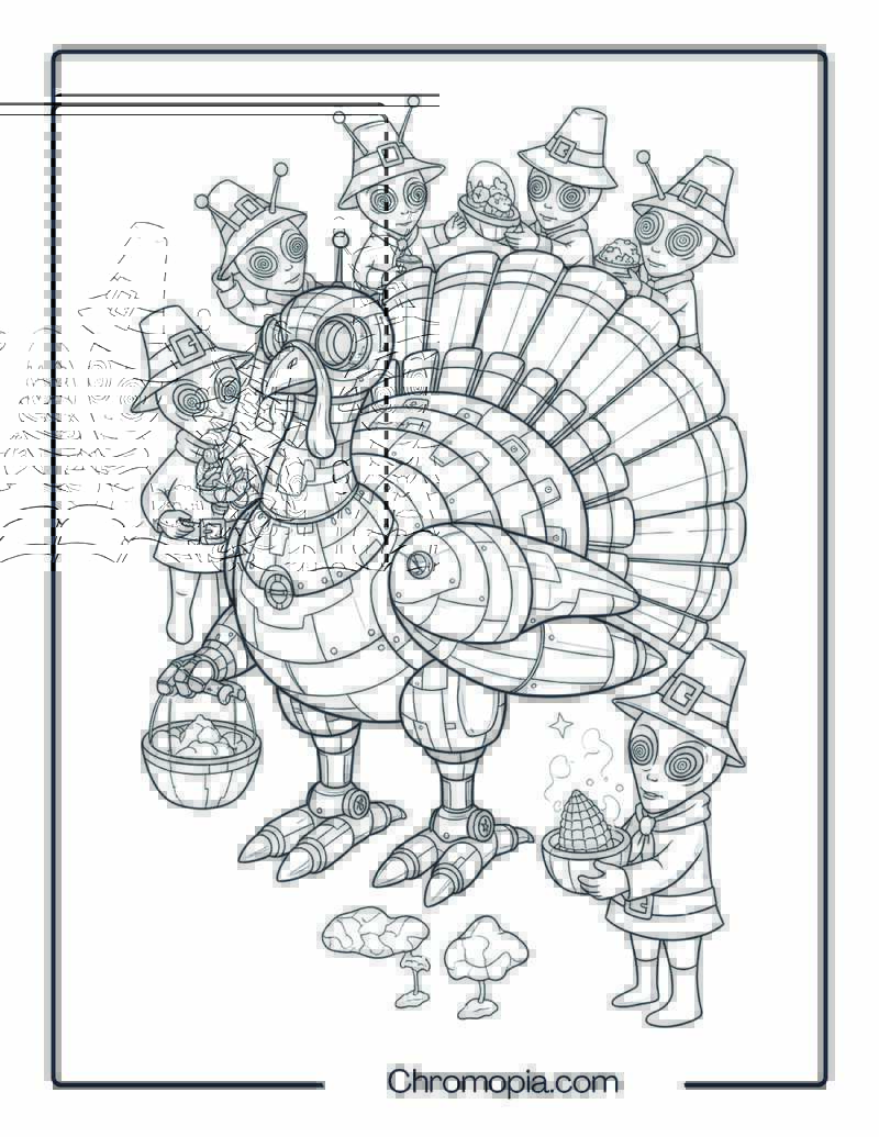 Robot Turkey & Alien Pilgrims Fantasy Coloring Page