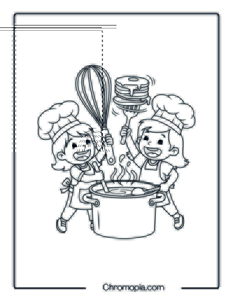 Cooking in the Kitchen Cartoon Coloring Sheet