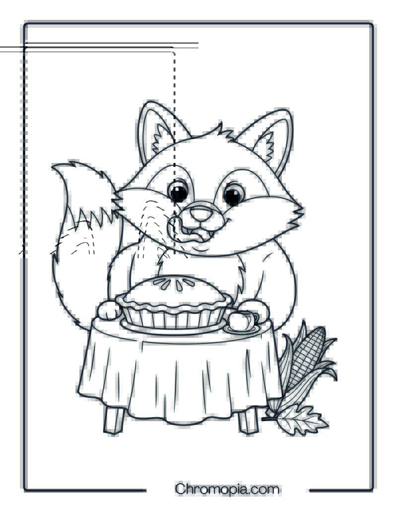 Cartoon Fox Near Thanksgiving Table Coloring Page