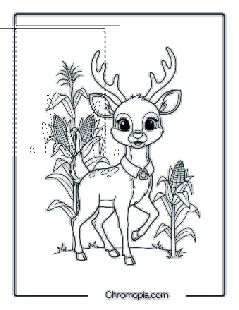 Thanksgiving Deer Near Cornfield Coloring Sheet