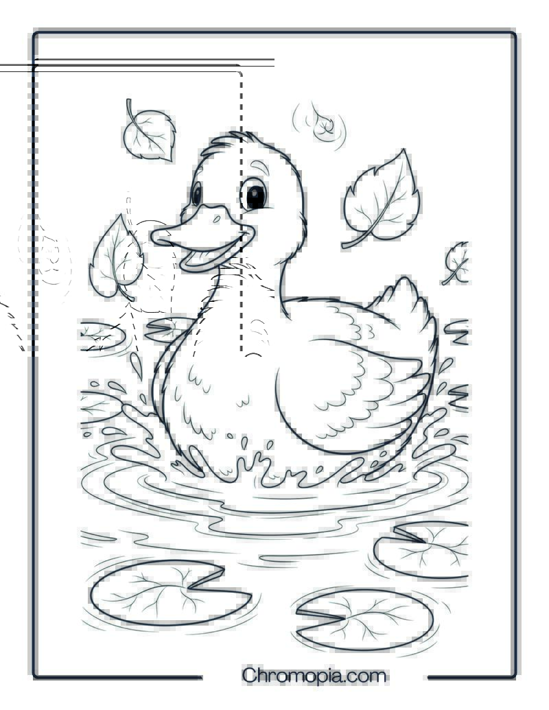 Cartoon Duck Splashing in Leaf Pond Coloring Page