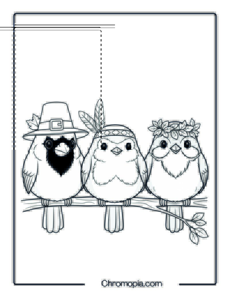 Songbird Friends in Autumn Hats Coloring Page
