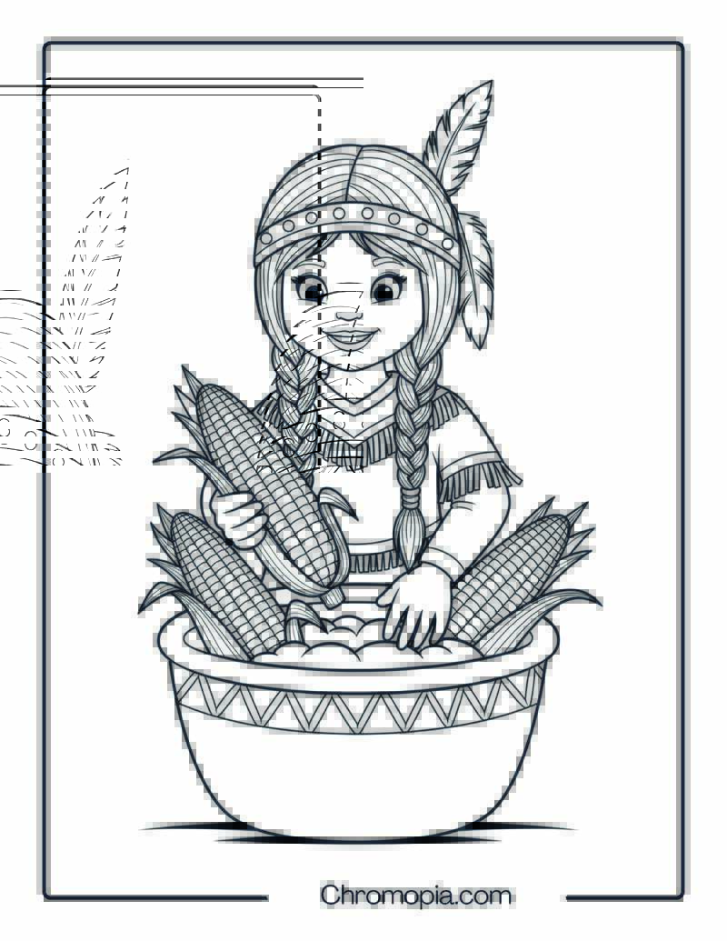 Cartoon Native American Girl Gathering Corn Coloring Page