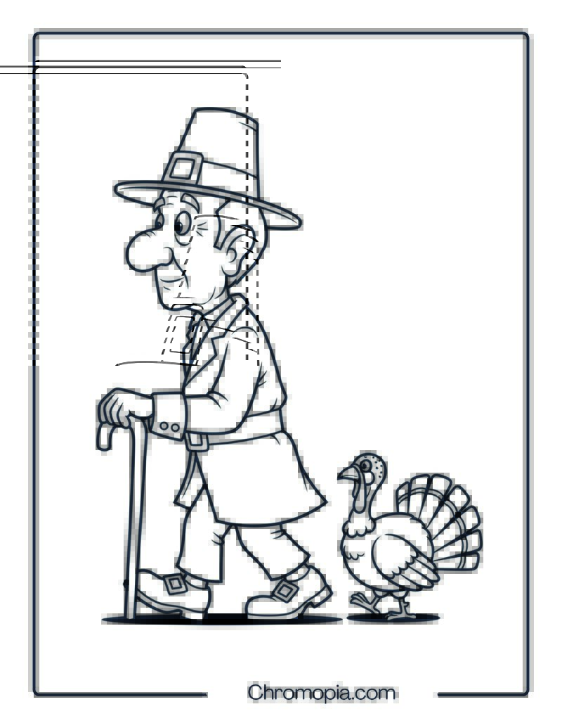 Grandpa Pilgrim with Walking Cane Coloring Sheet