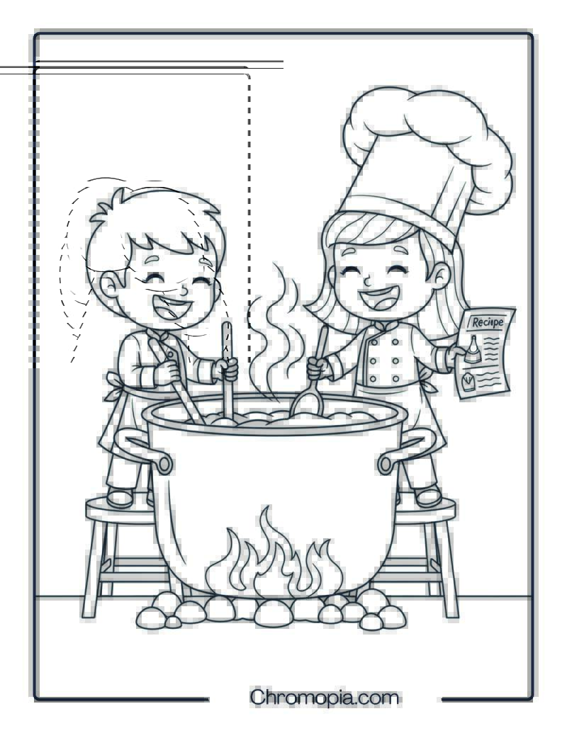 Kids Helping in the Kitchen Coloring Sheet