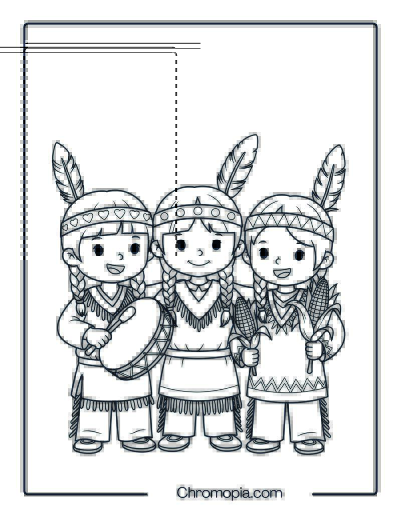Native American Children in Traditional Dress Coloring Sheet