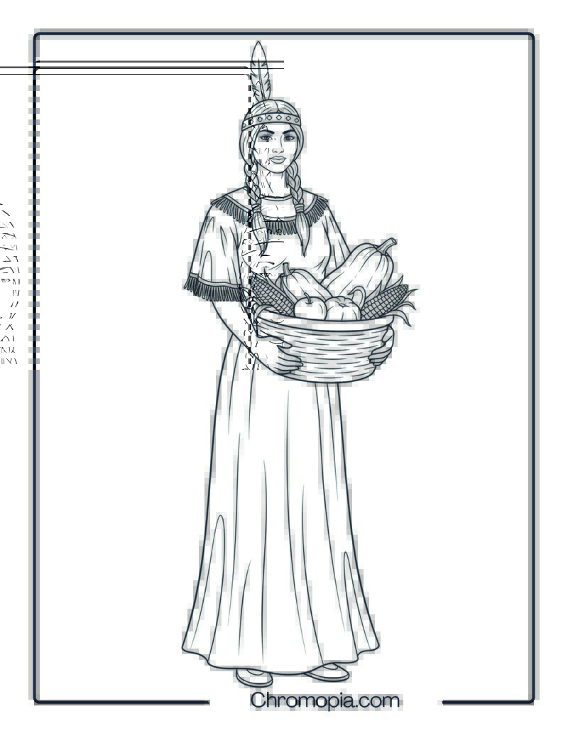 Native American Woman with Harvest Basket Coloring Page