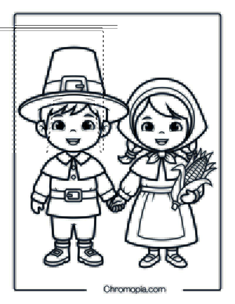 Pilgrim Boy and Girl Coloring Page for Kids