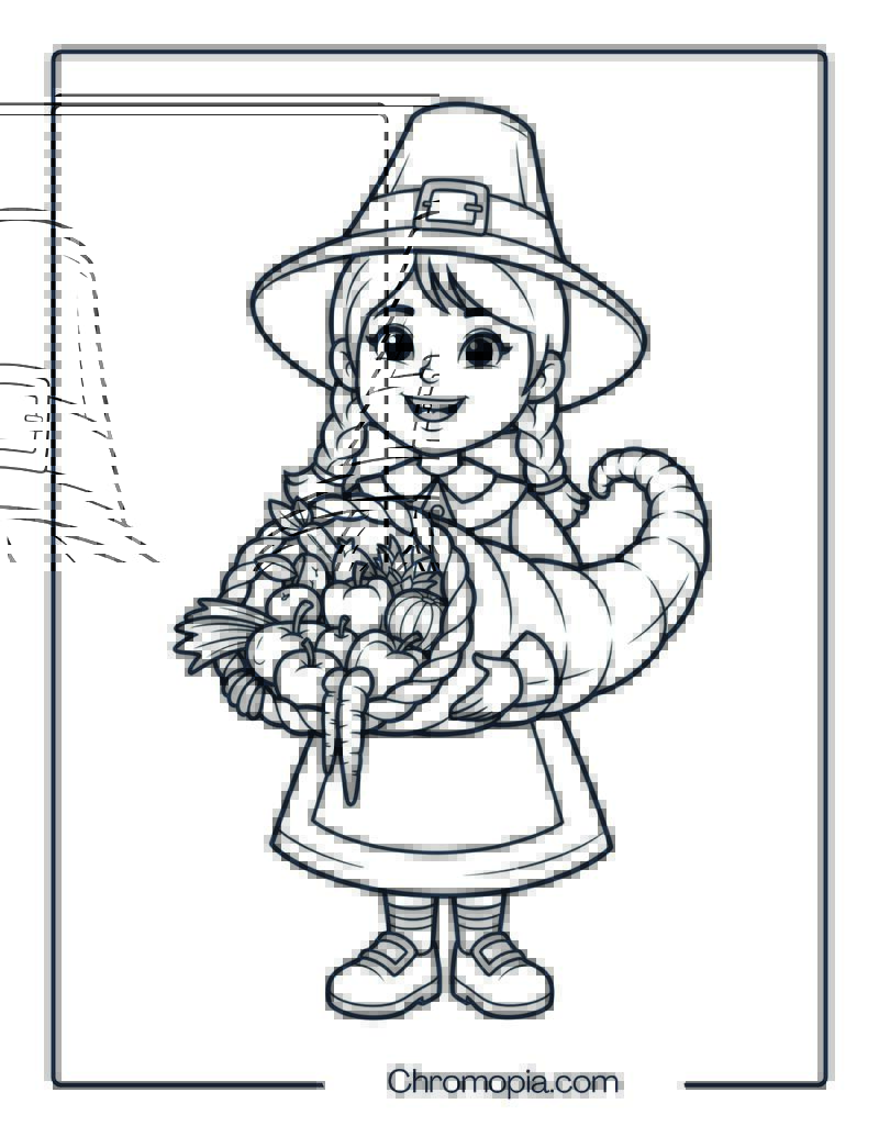 Pilgrim Girl Holding Cornucopia Coloring Sheet
