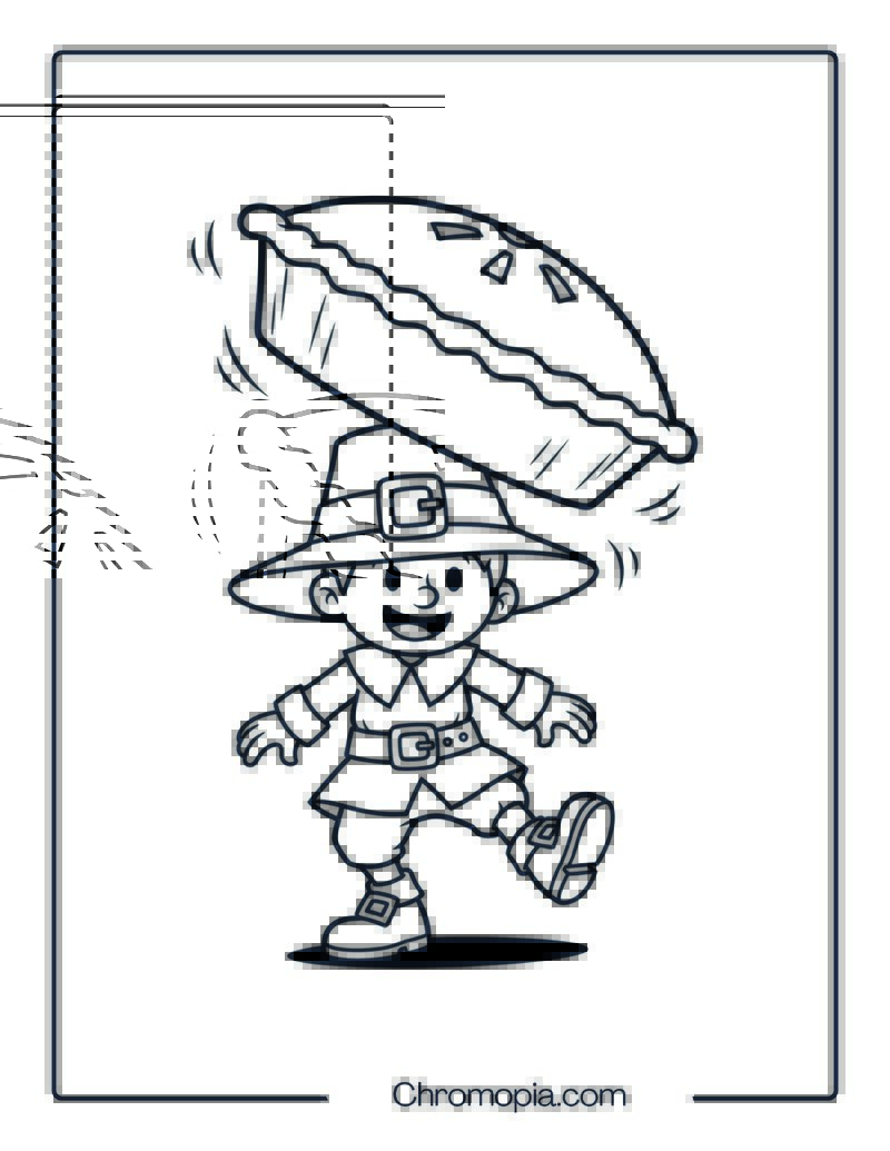 Silly Pilgrim Kid Balancing Pie on Head Coloring Page