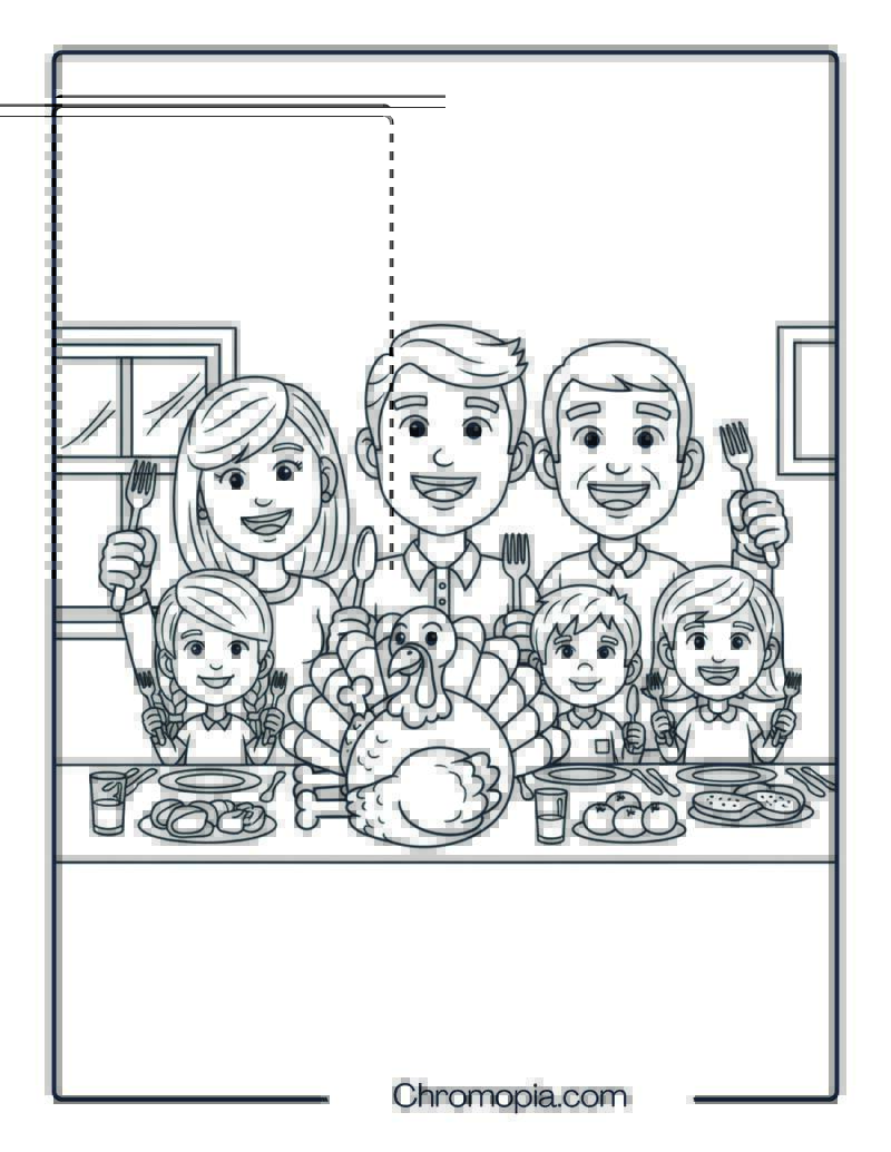 Whole Family at Dinner Table Coloring Page