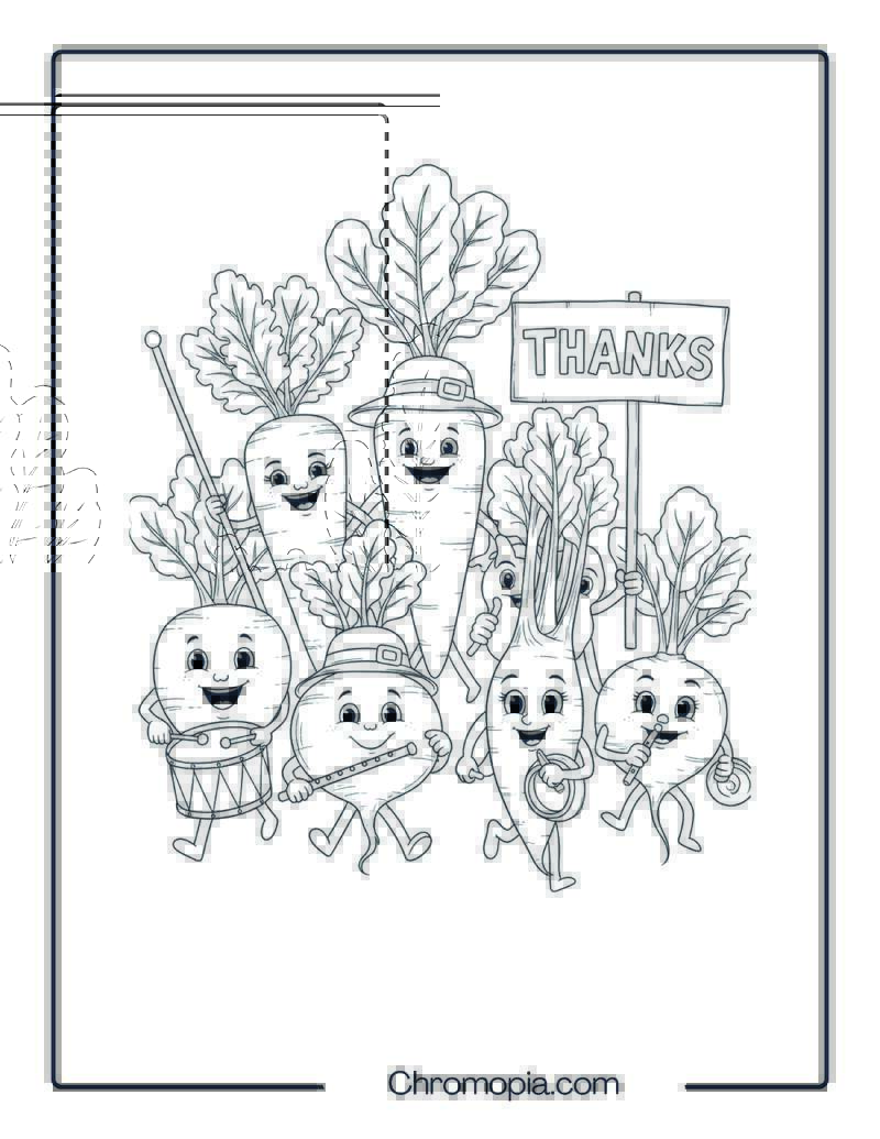 Silly Root Veggies Parade Coloring Sheet