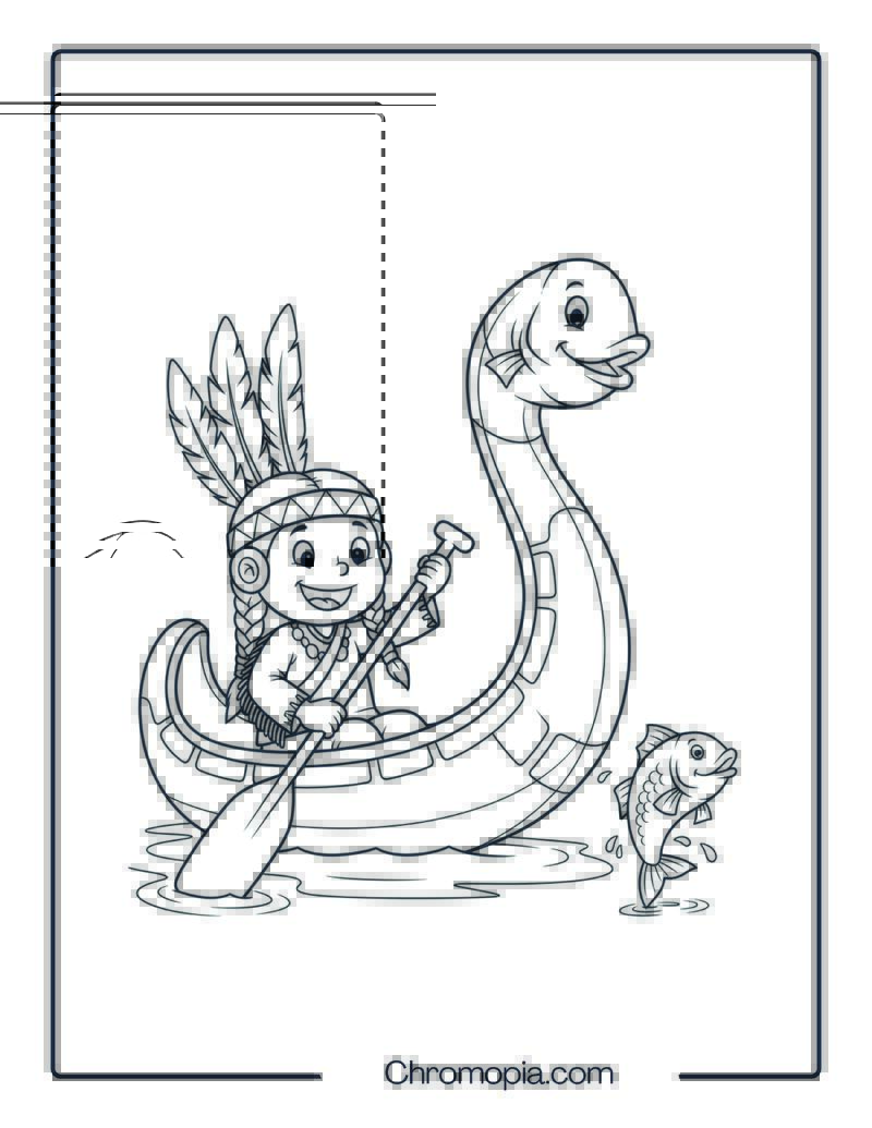 Canoe with Paddling Character Coloring Page