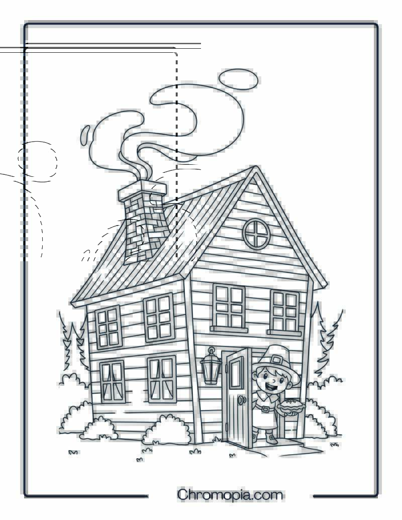 Colonial House with Smoke Coloring Page