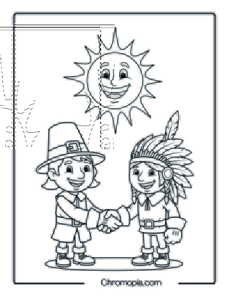 Pilgrim and Native American Handshake Coloring Sheet