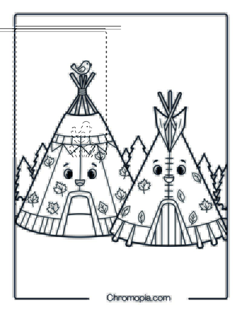 Wigwam and Teepee Cartoon Scene Coloring Sheet