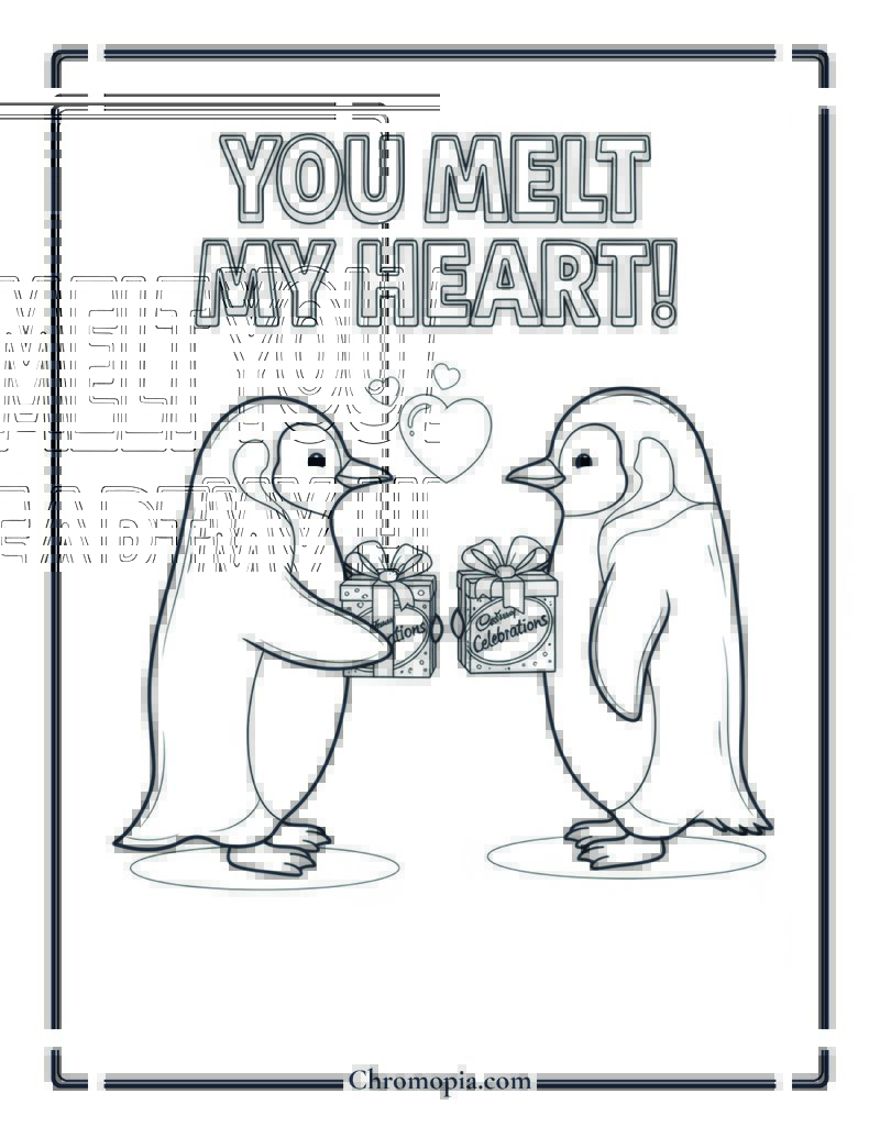 Penguin Couple Chocolate Gift Exchange Coloring Page