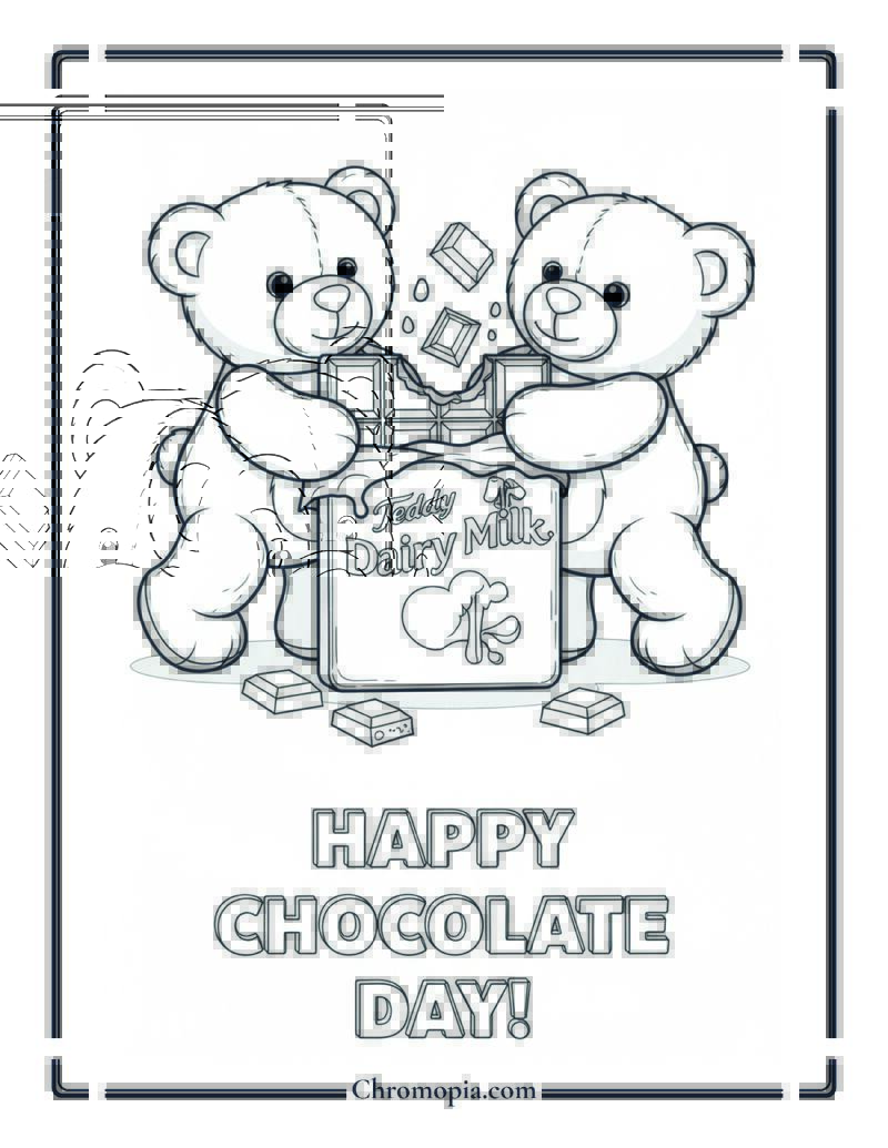 Teddy Bears Sharing Chocolate Bar Coloring Sheet