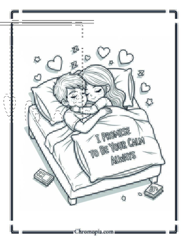 Sleepy Couple in Bed Promise Hug Coloring Page