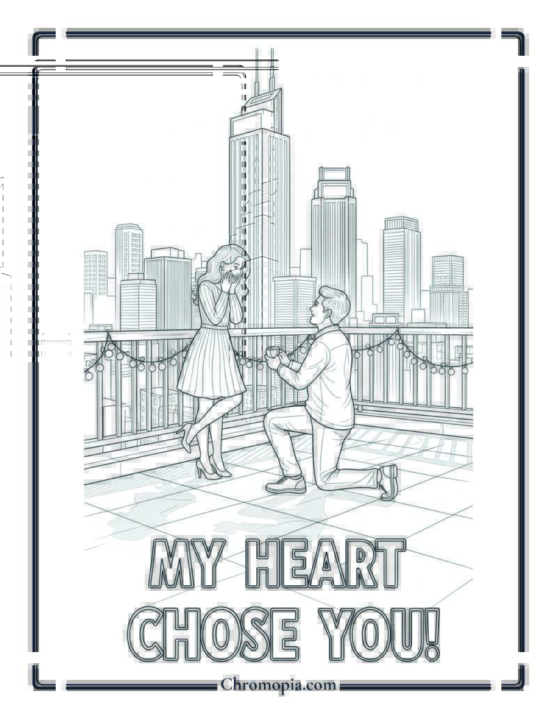 Rooftop City Skyline Proposal Coloring Page