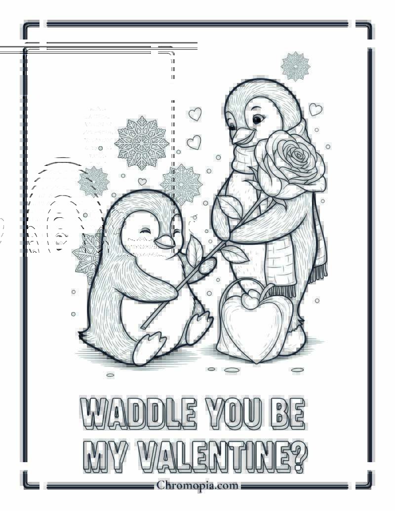 Penguin Love Rose Delivery Coloring Sheet