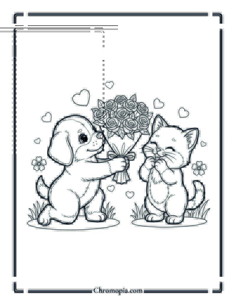 Puppy and Kitten Rose Bouquet Coloring Sheet