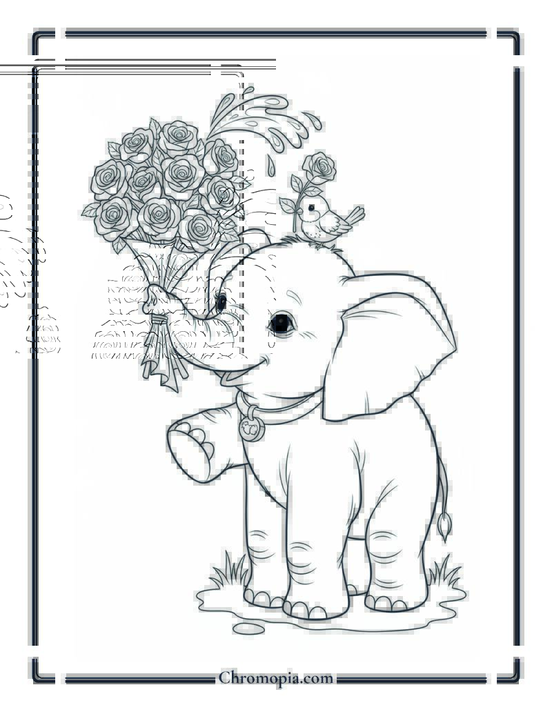 Baby Elephant with Rose Bouquet Coloring Page