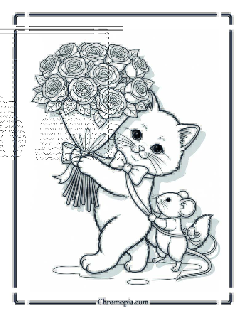 Kitten’s Rose Bouquet Gift Coloring Sheet