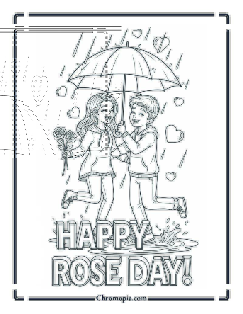 Rainy Day Umbrella Romance Coloring Sheet