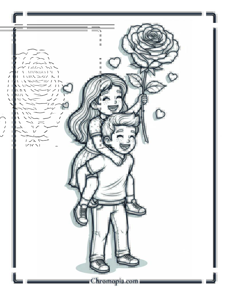 Piggyback Ride with Rose Coloring Page