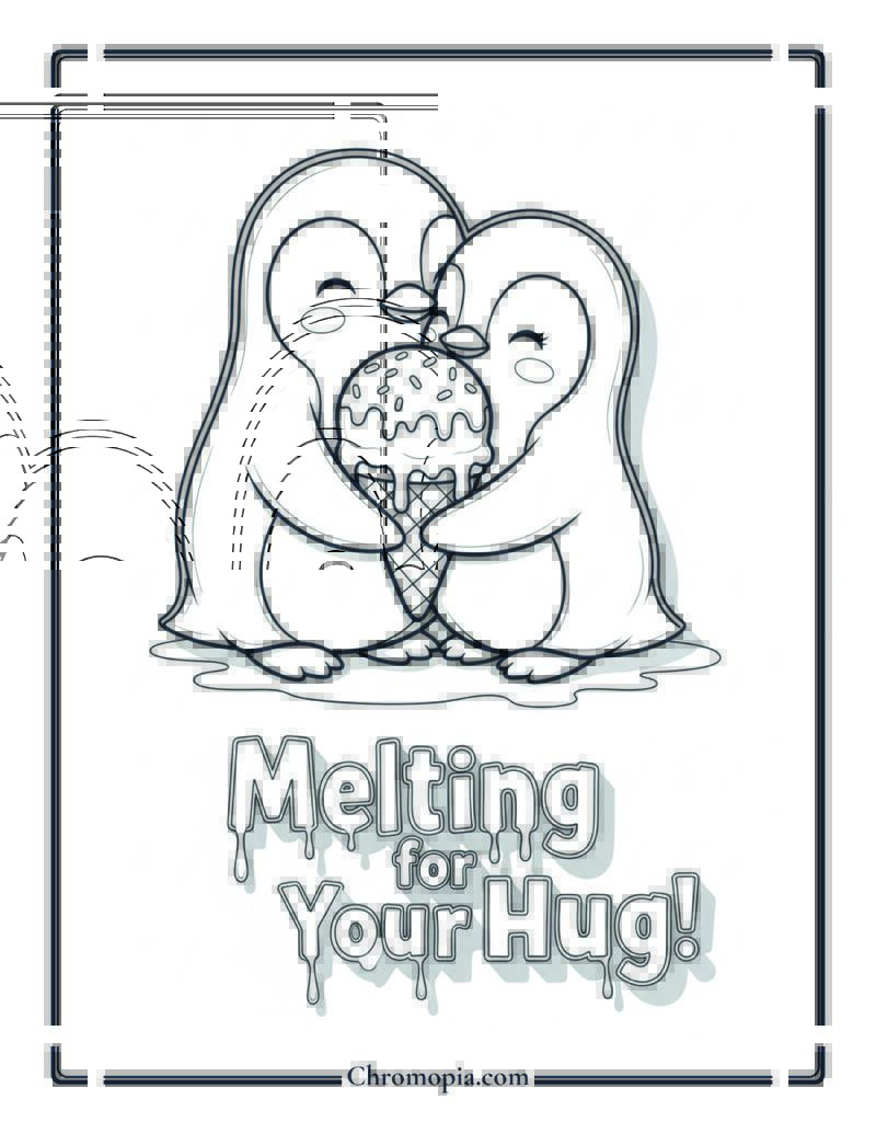 Penguin Ice Cream Hug Coloring Sheet