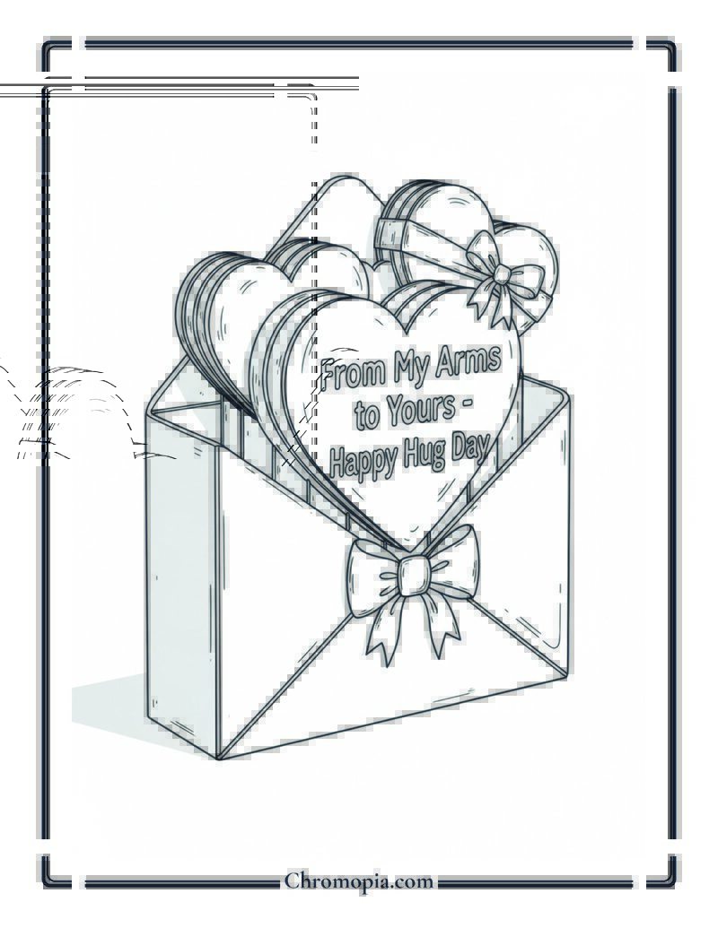3D Pop-Up Heart Envelope Hug Day Card Coloring Page