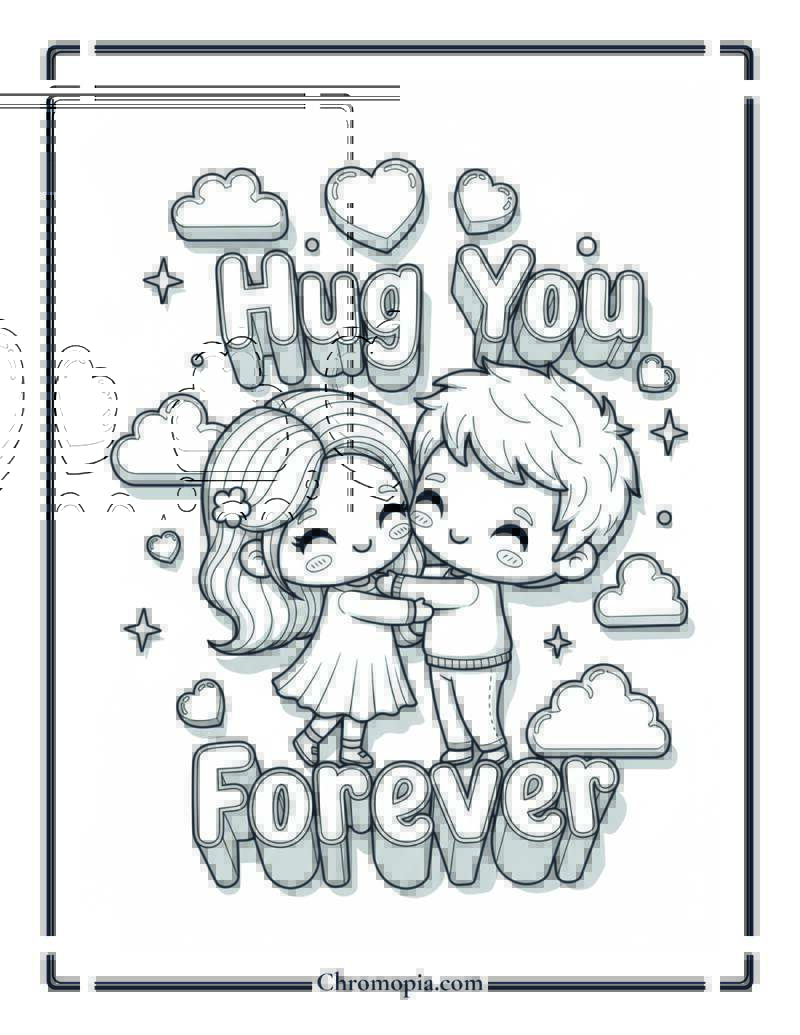 Chibi Couple Hug Day Card Coloring Page
