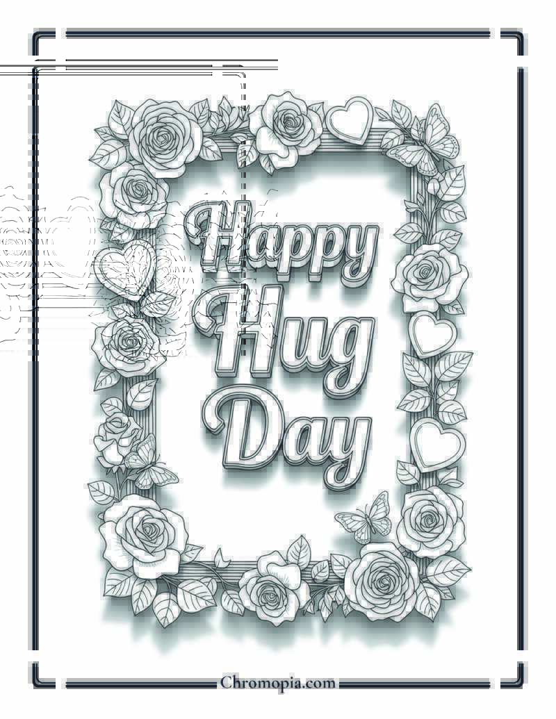Floral Frame Hug Day Card Coloring Page