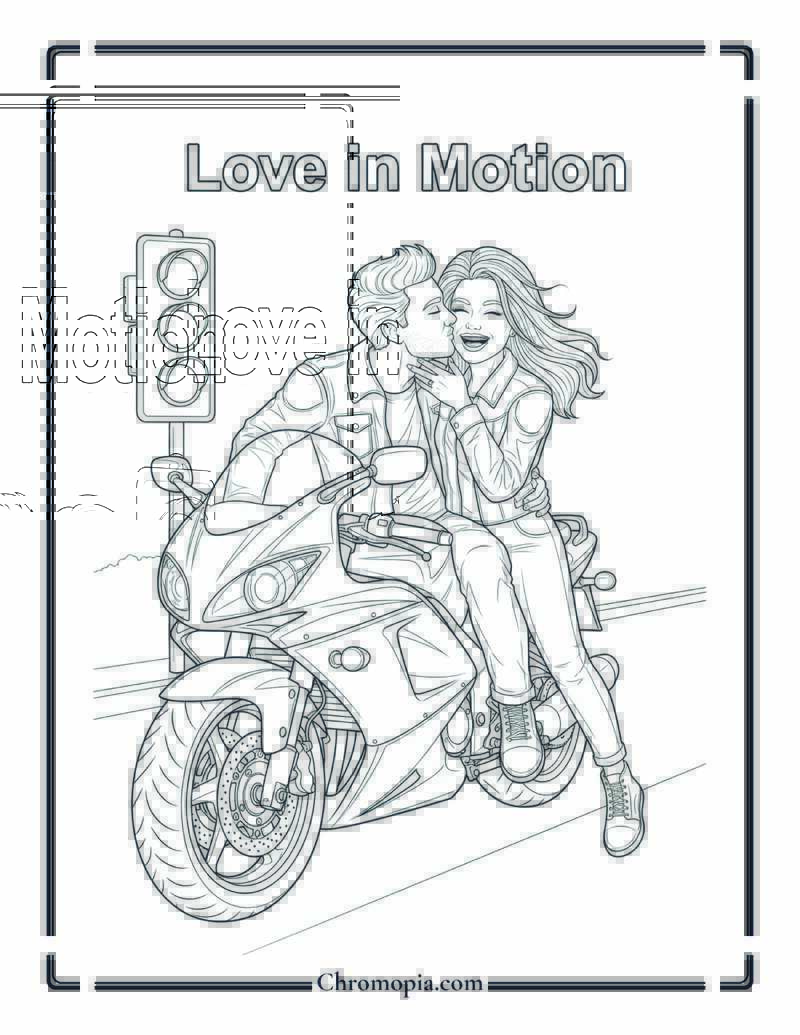 Motorbike Ride Kiss Coloring Sheet