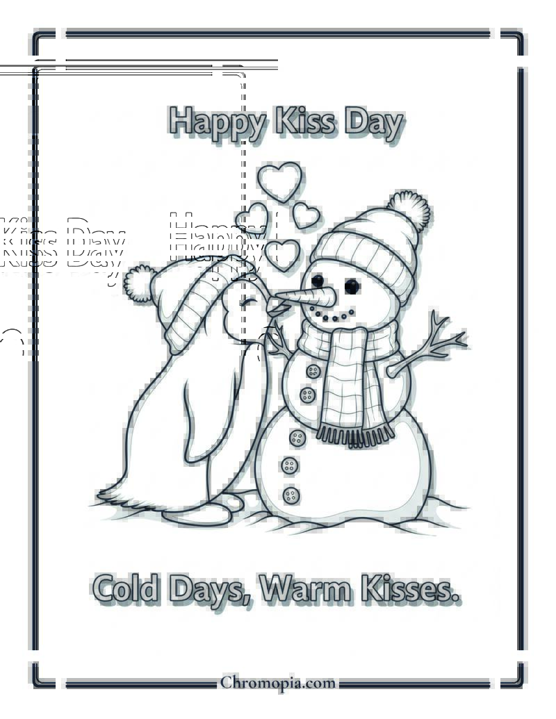 Penguin & Snowman Kiss Coloring Page