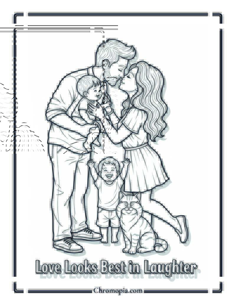 Playful Family Kiss Parade Coloring Page