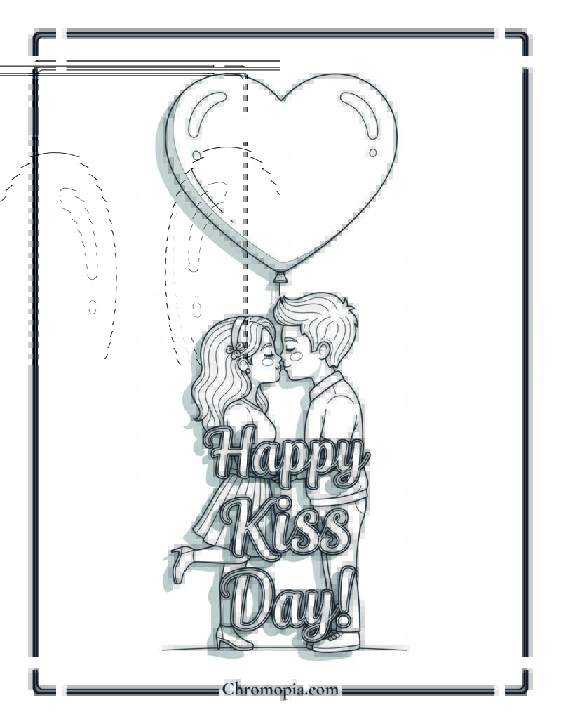 Couple Under Heart Balloon Kiss Coloring Sheet