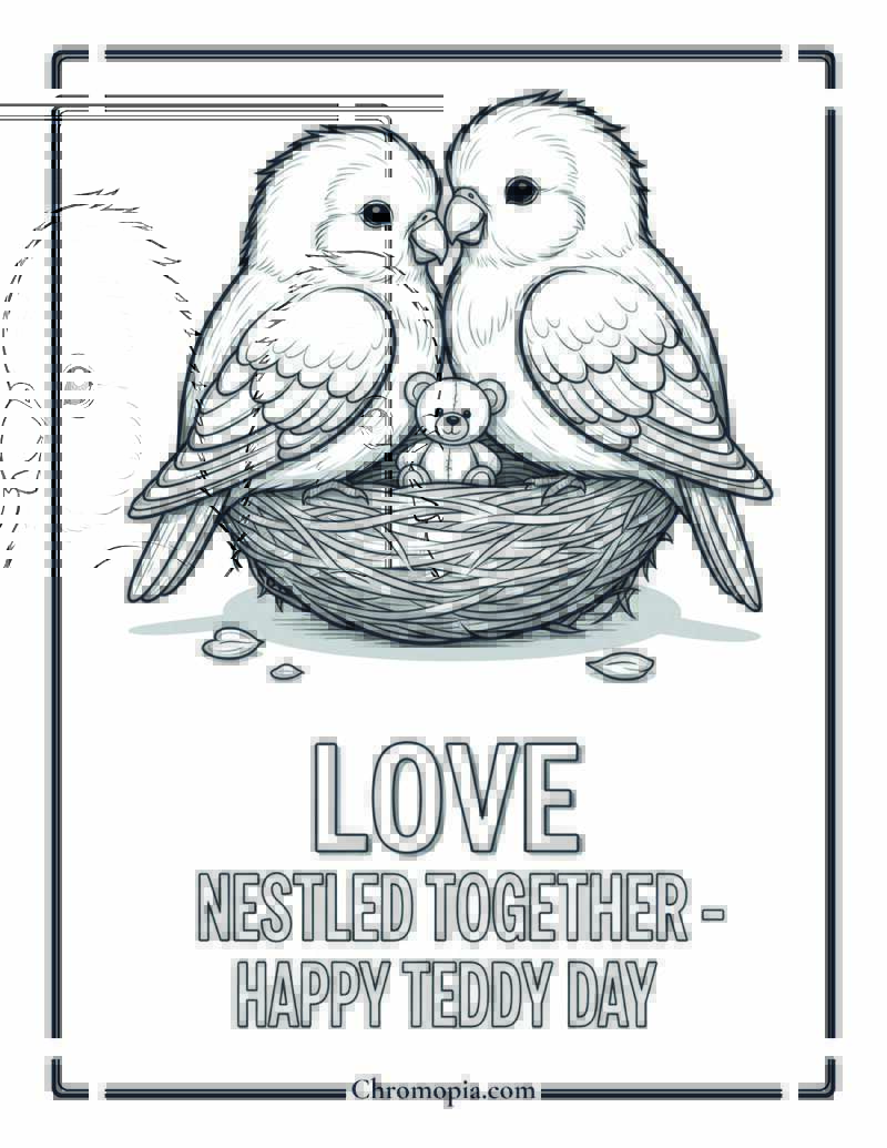 Lovebirds Nesting with Teddy Coloring Sheet