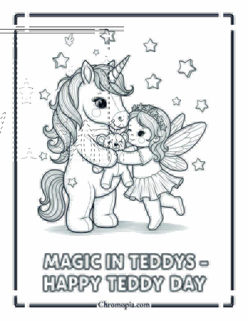 Magical Unicorn and Fairy Teddy Hug Coloring Sheet