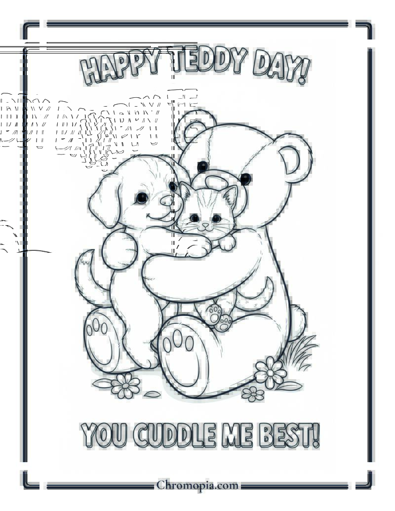 Puppy and Kitten Teddy Hugging Coloring Page