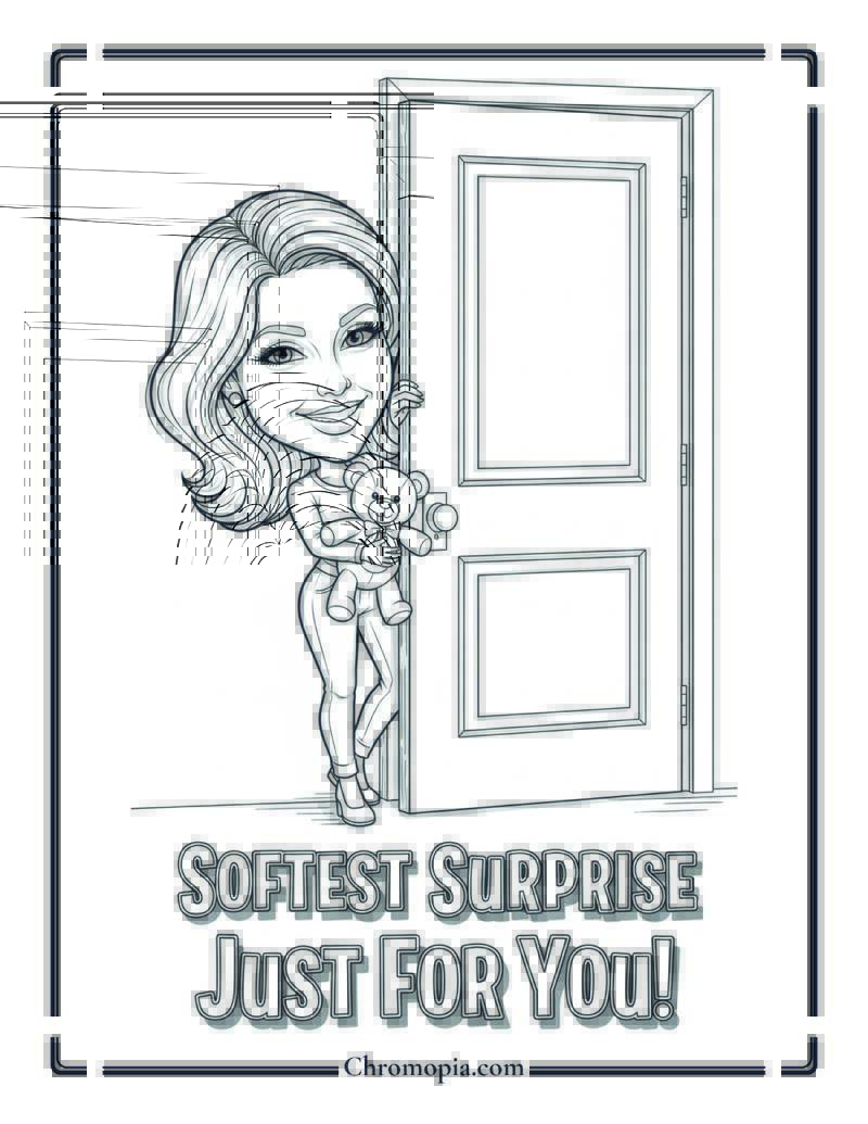 Caricature Woman Surprising Partner with Teddy at Door Coloring Sheet
