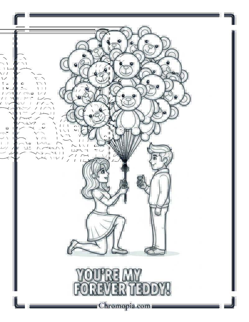 Cartoon Woman Proposing with Teddy Balloon Bouquet Coloring Sheet